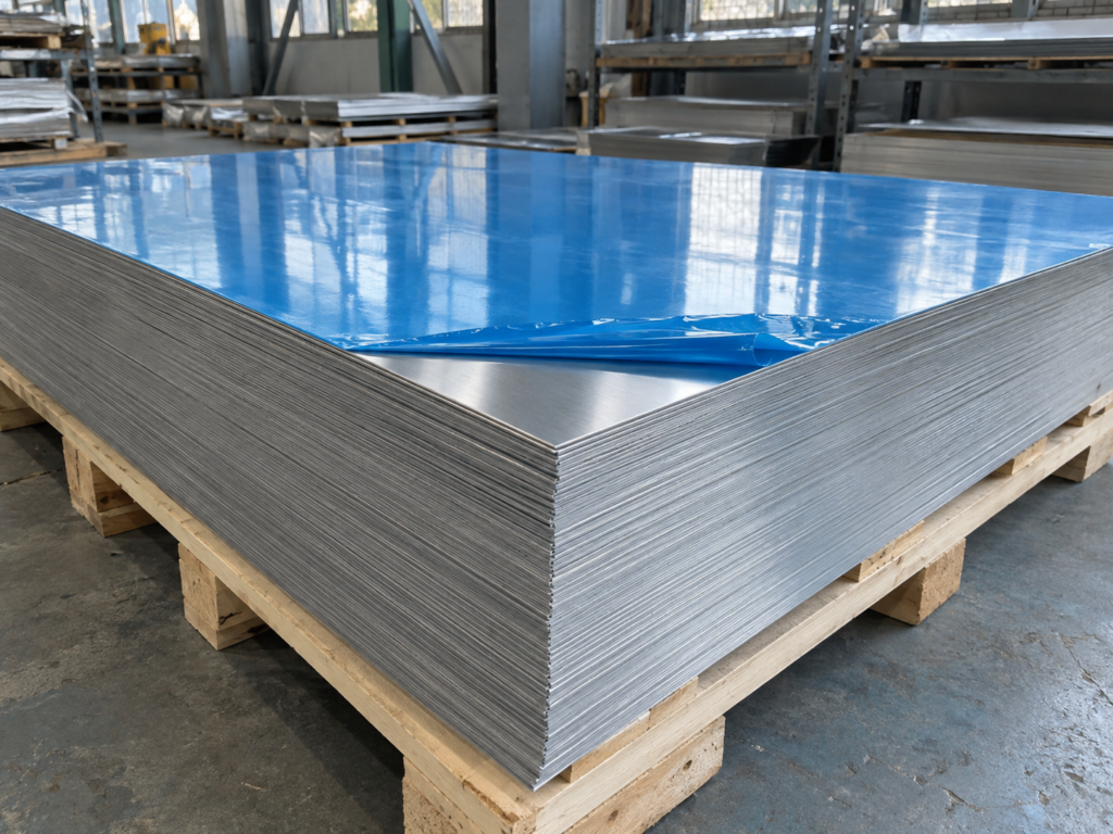 5052-H32 aluminum sheet product illustration with blue protective film on a wooden pallet, AI-generated