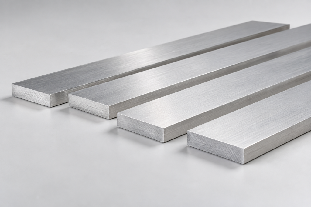 6061-T6 solid rectangular aluminum flat bars with satin mill finish, AI-generated product illustration