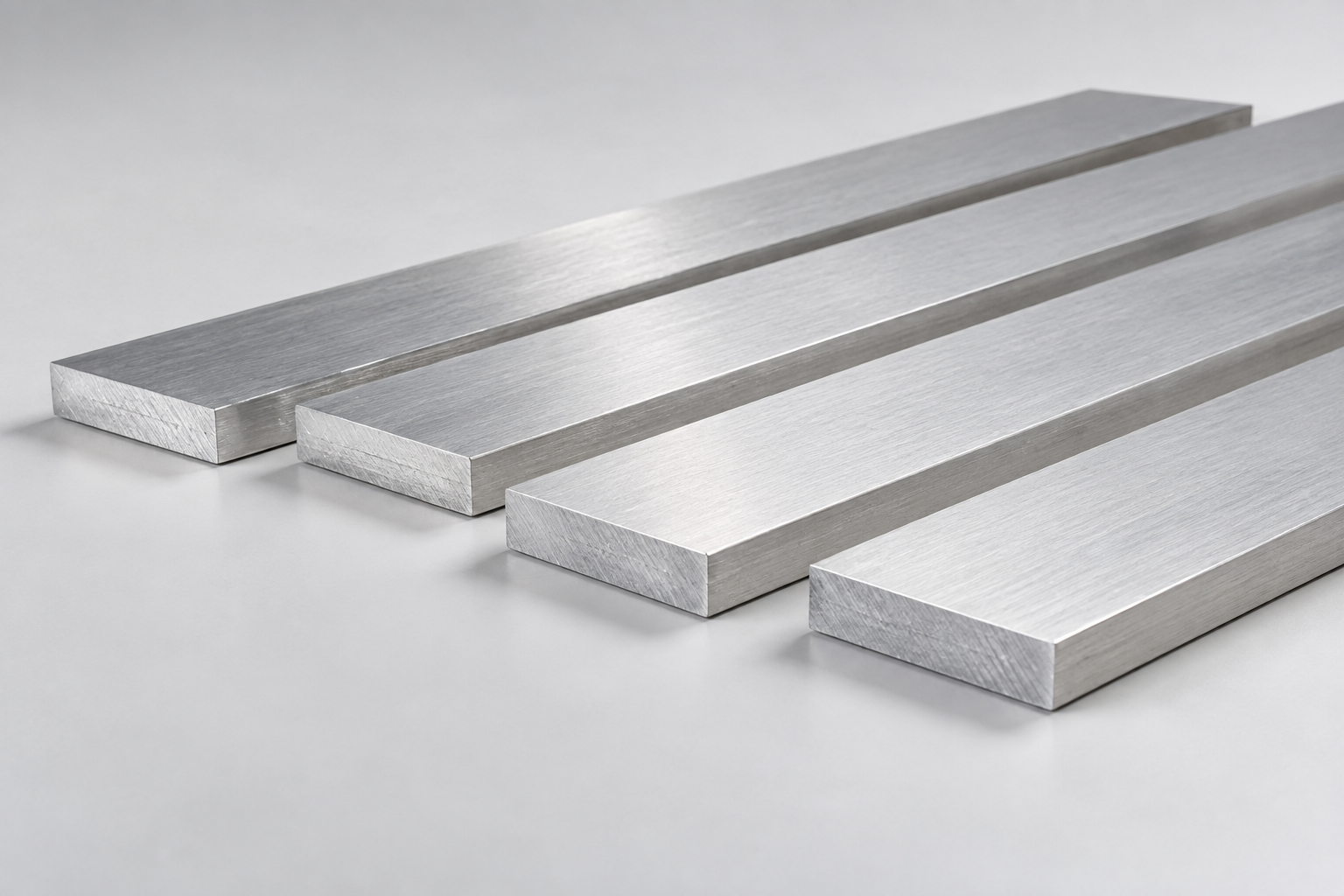 6061-T6 solid rectangular aluminum flat bars with satin mill finish, AI-generated product illustration