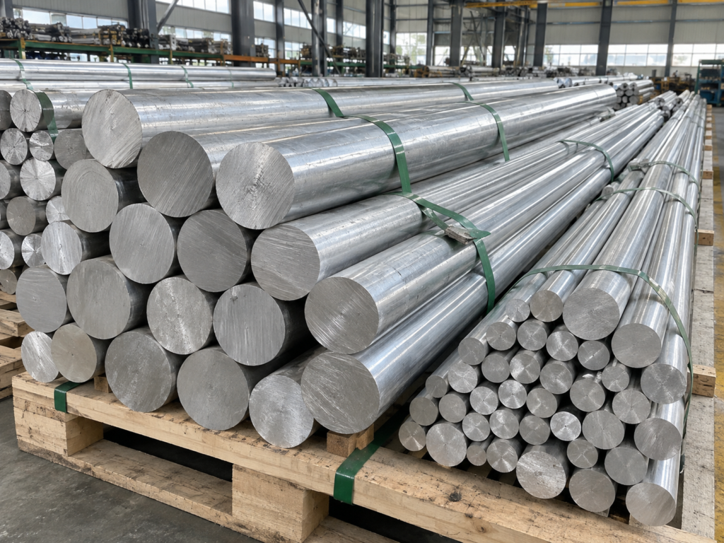 6061-T6 solid aluminum round bars stacked on wooden pallets, AI-generated product image