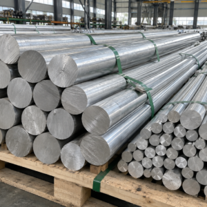 6061-T6 solid aluminum round bars stacked on wooden pallets, AI-generated product image