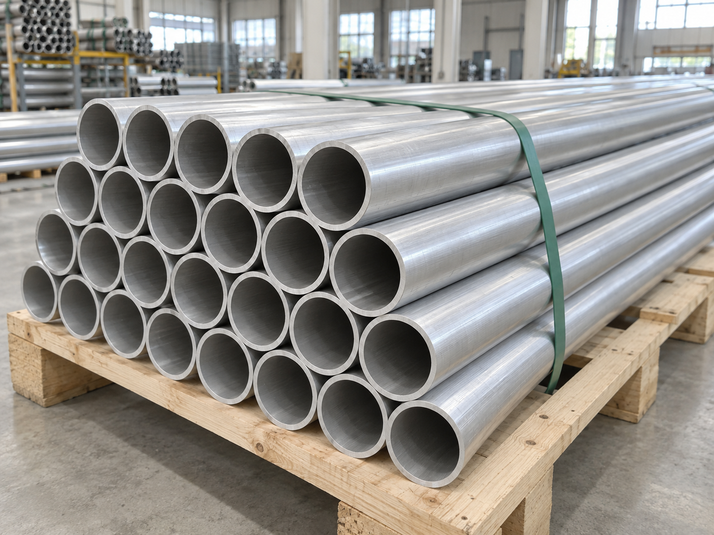 6063-T5 aluminum round tubes stacked on a wooden pallet, AI-generated product image
