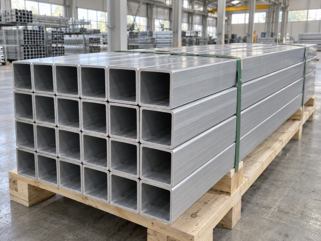 6063-T5 aluminum square tubes stacked on a wooden pallet, AI-generated product image