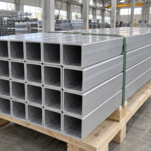 6063-T5 aluminum square tubes stacked on a wooden pallet, AI-generated product image