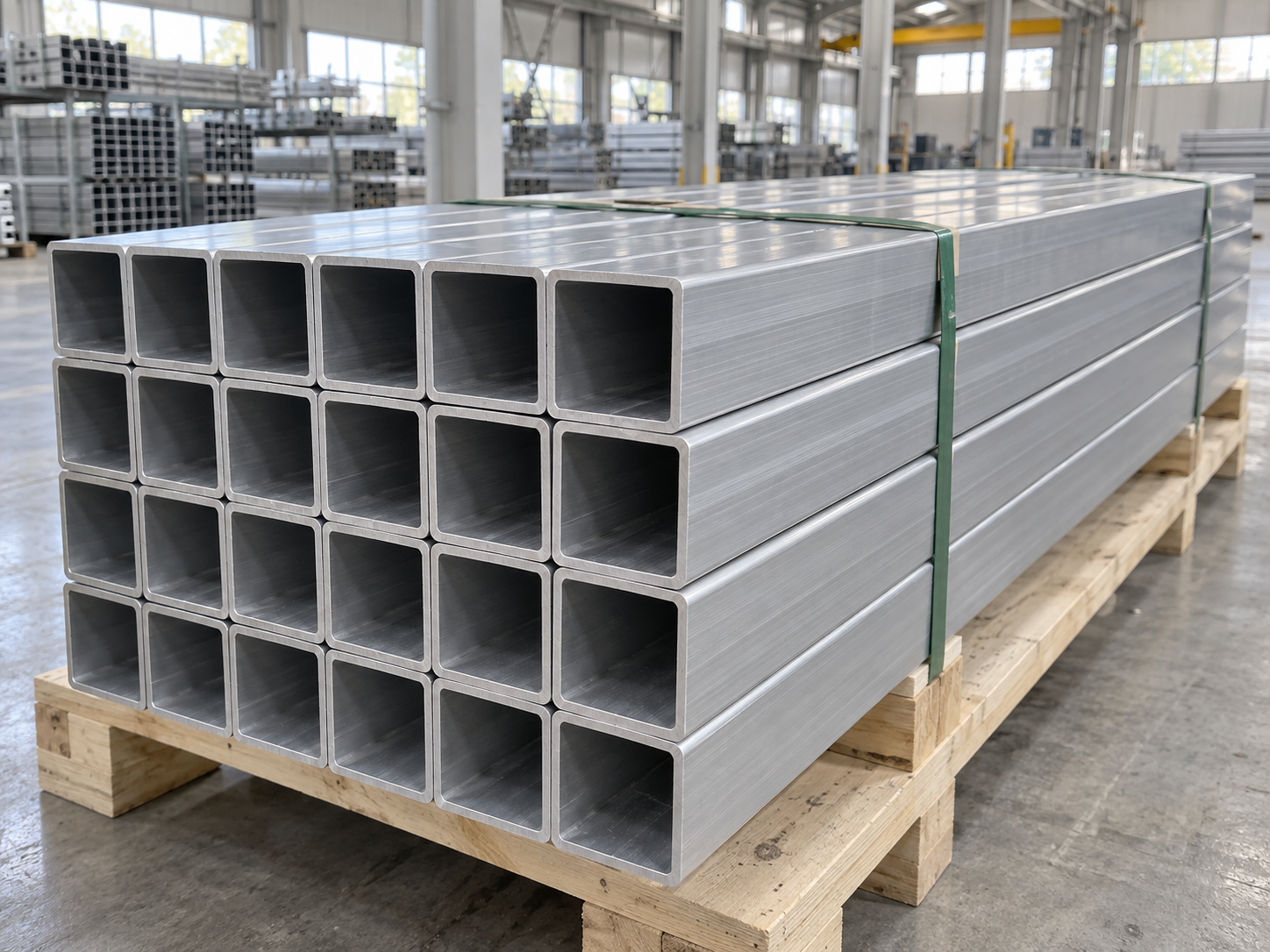 6063-T5 aluminum square tubes stacked on a wooden pallet, AI-generated product image