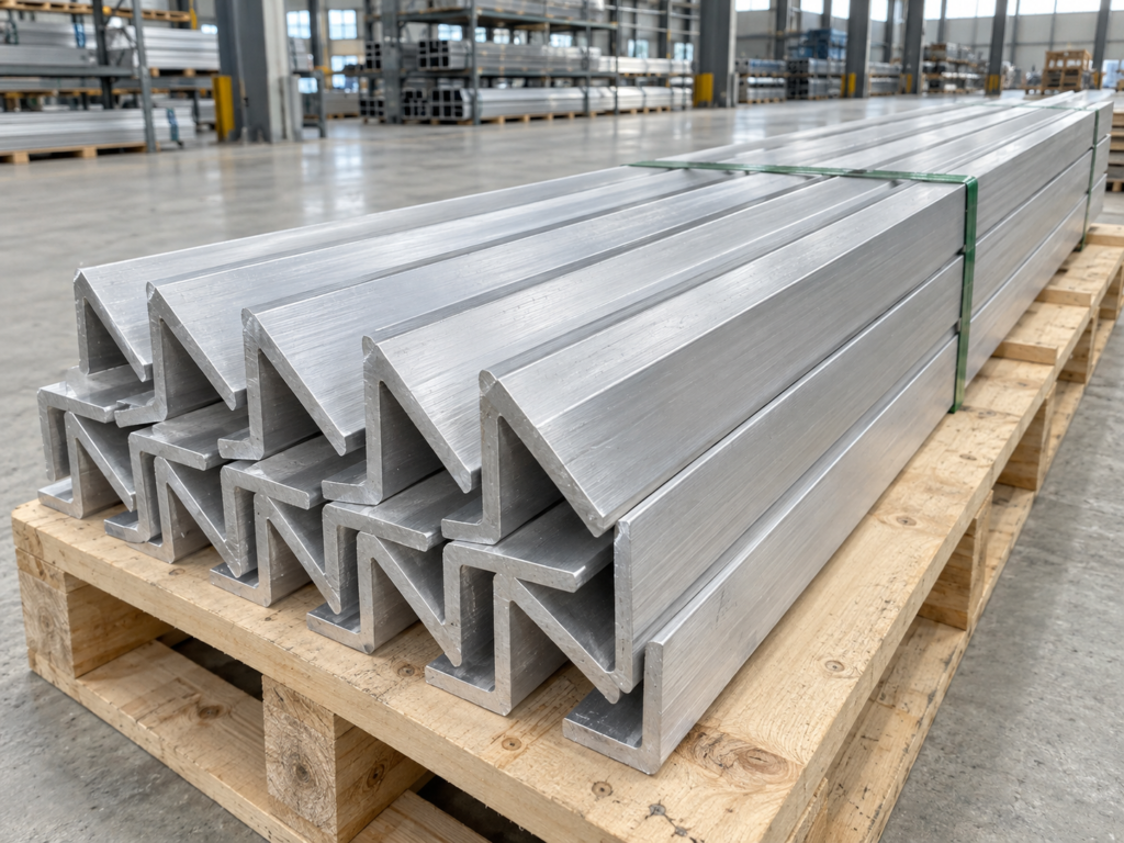 6063-T5 equal aluminum angle profiles stacked on a wooden pallet, AI-generated product image