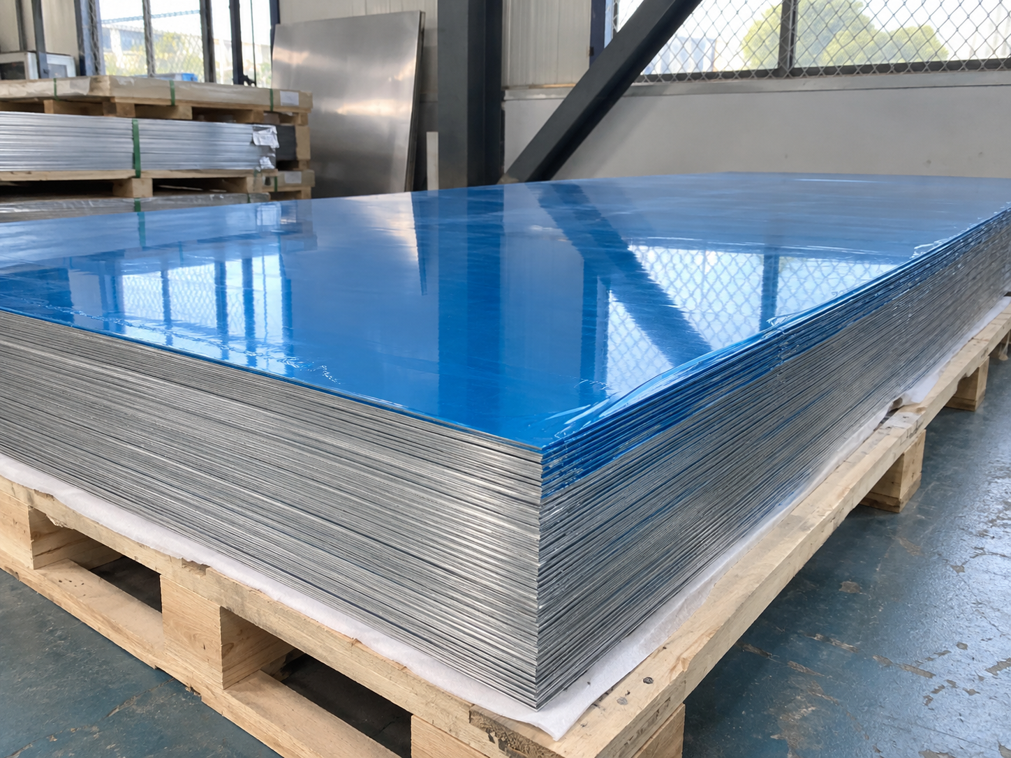 Blue protective-film aluminum sheets stacked on a wooden pallet in a workshop