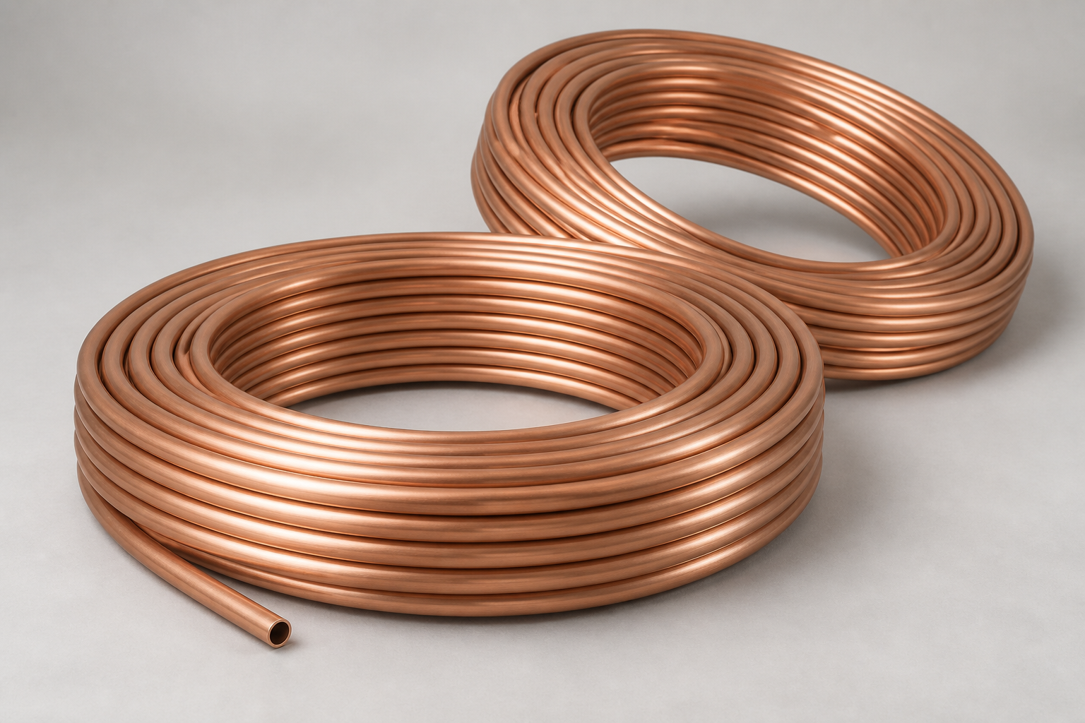 Annealed C12200 copper coil tubes with smooth circular tubing and an open hollow end