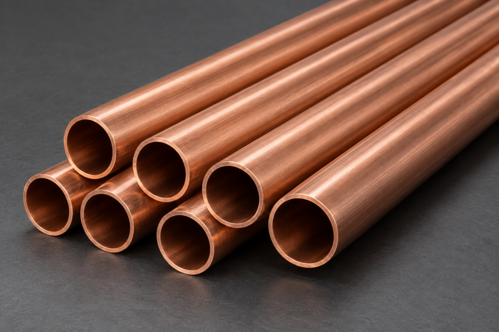 C12200 straight seamless copper tubes with clean open ends and a natural copper finish